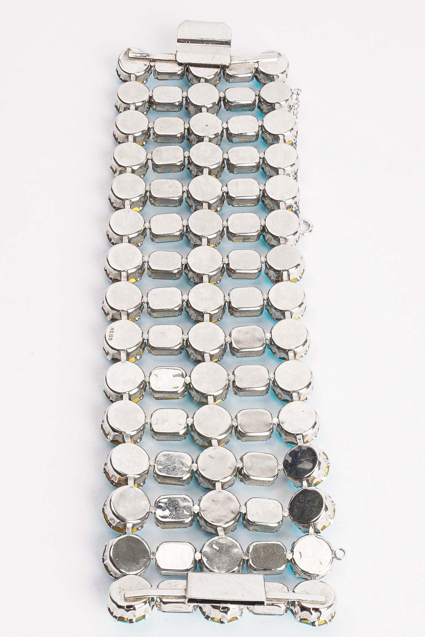 Vintage Weiss Wide Aqua Crystal Rhinestone Bracelet Backside at Recess Los Angeles