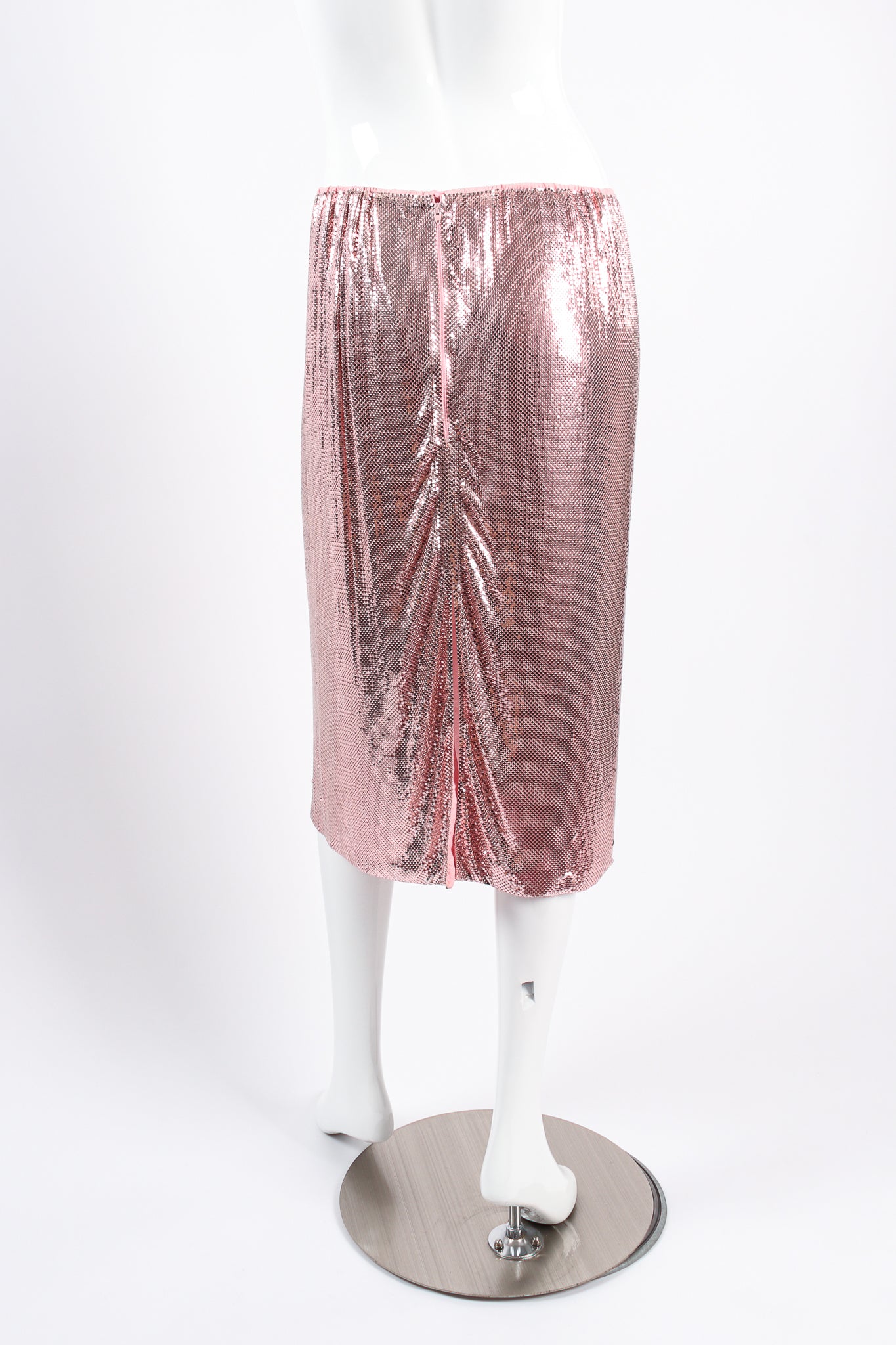 Vintage Ferrara for Whiting & Davis Liquid Metal Mesh Midi Skirt on mannequin back at Recess LA