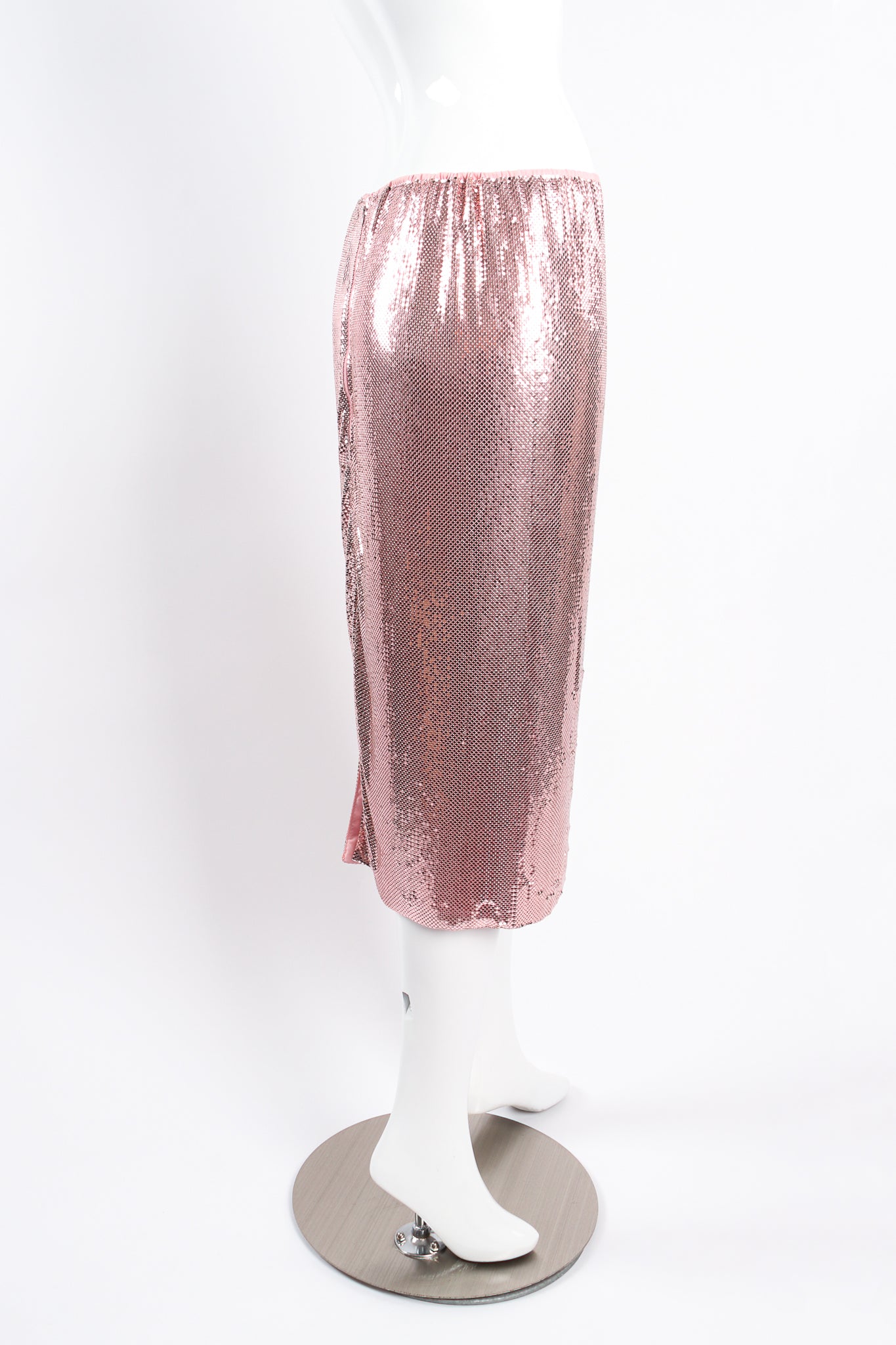 Vintage Ferrara for Whiting & Davis Liquid Metal Mesh Midi Skirt on mannequin side at Recess LA