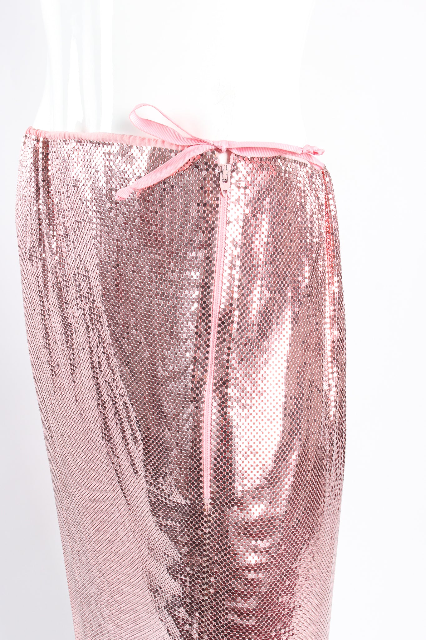 Vintage Ferrara for Whiting & Davis Liquid Metal Mesh Midi Skirt on mannequin waist at Recess LA
