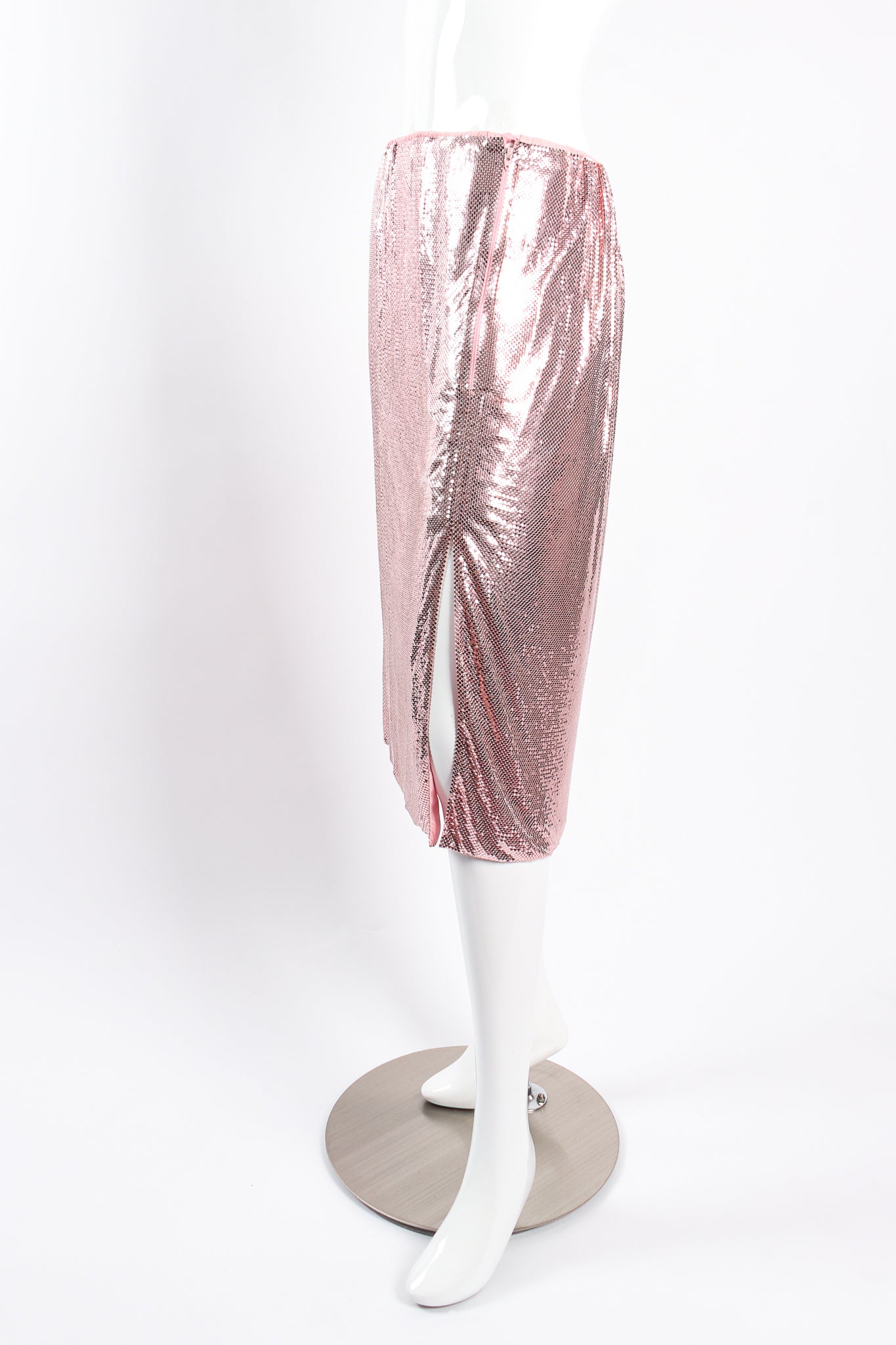 Vintage Ferrara for Whiting & Davis Liquid Metal Mesh Midi Skirt on mannequin angle at Recess LA