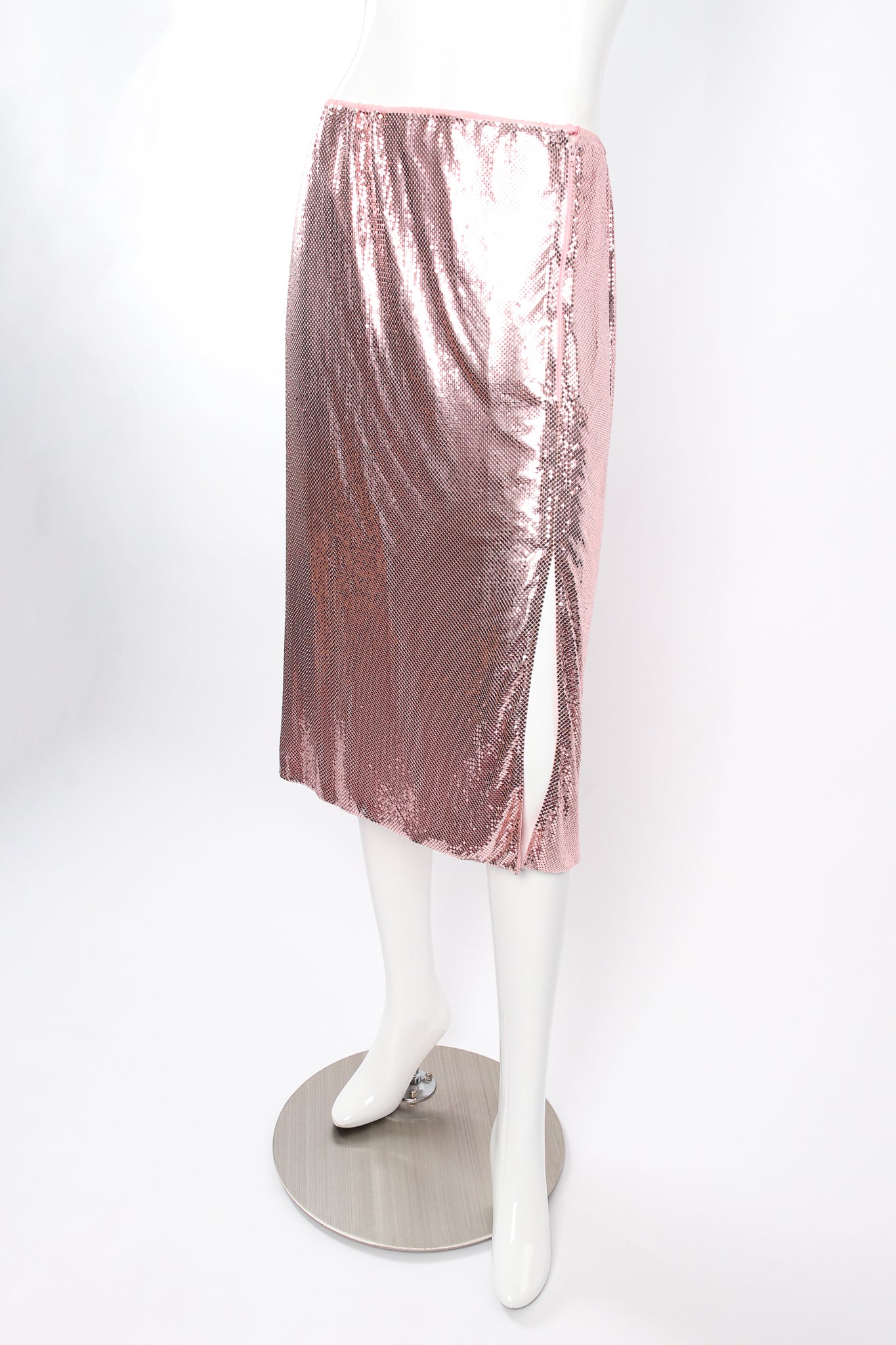 Vintage Ferrara for Whiting & Davis Liquid Metal Mesh Midi Skirt on mannequin side at Recess LA