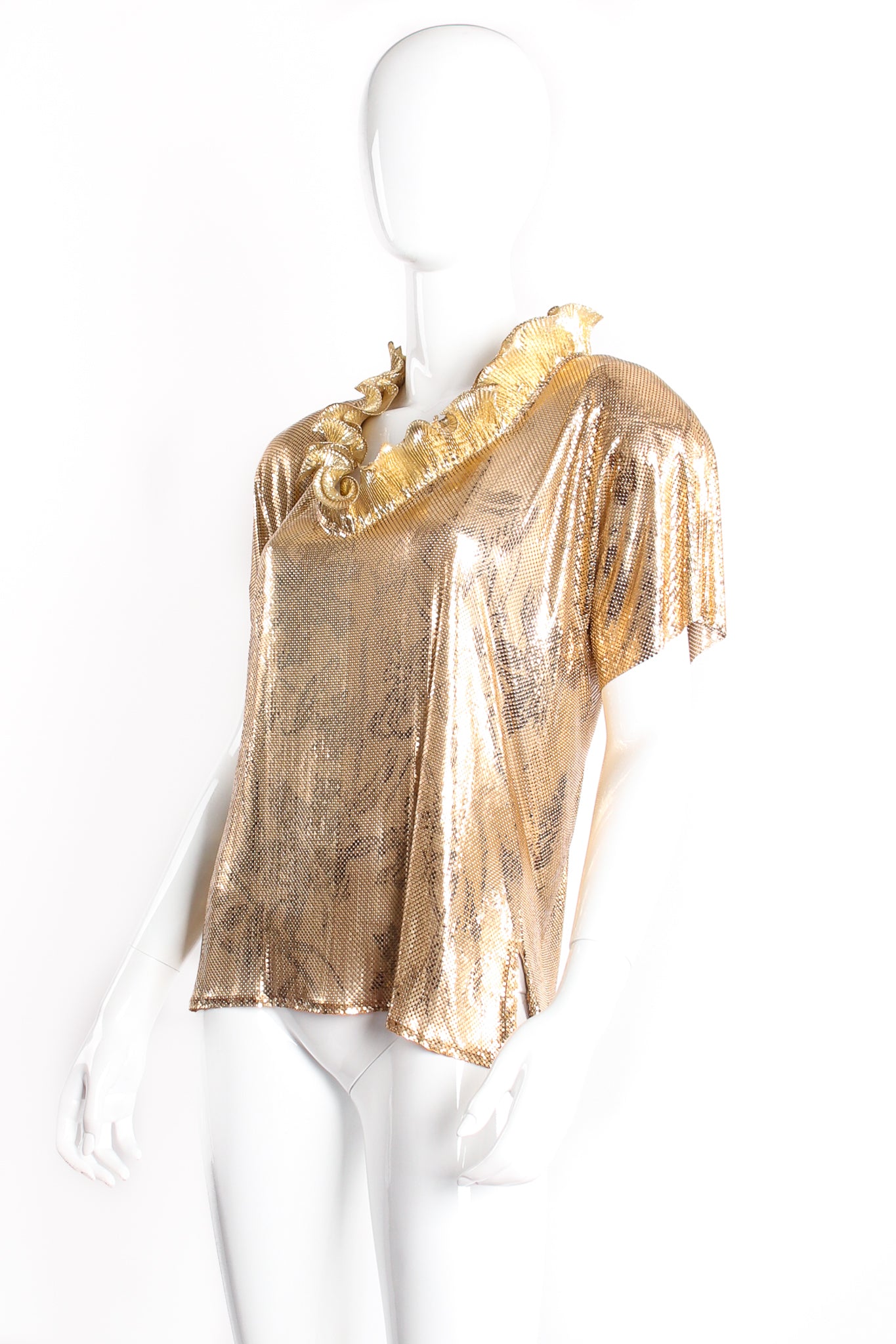 Vintage Whiting & Davis Metal Mesh Ruffle Top & Blossom Belt on Mannequin angle at Recess LA