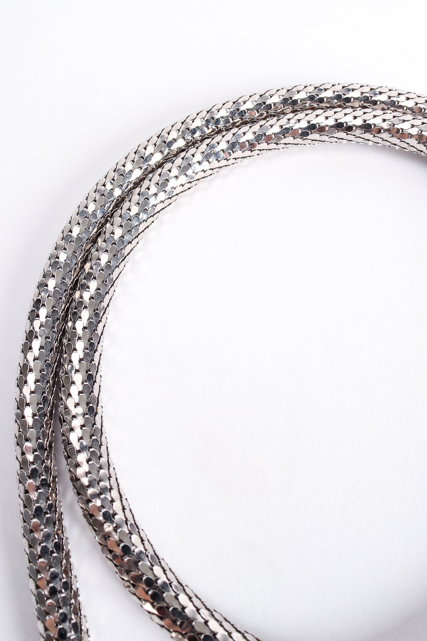 Vintage Whiting & Davis Silver Metal Mesh Snake Belt Necklace detail at Recess Los Angeles