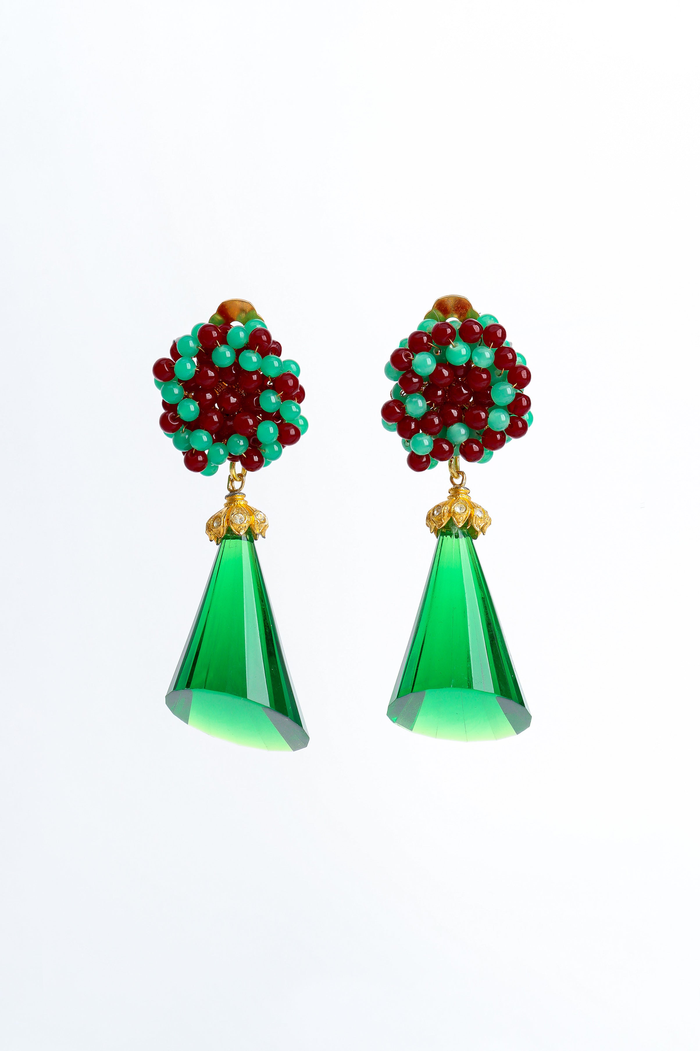 Vintage William deLillo Floral Bead Chunky Emerald Earrings front side @ Recess LA