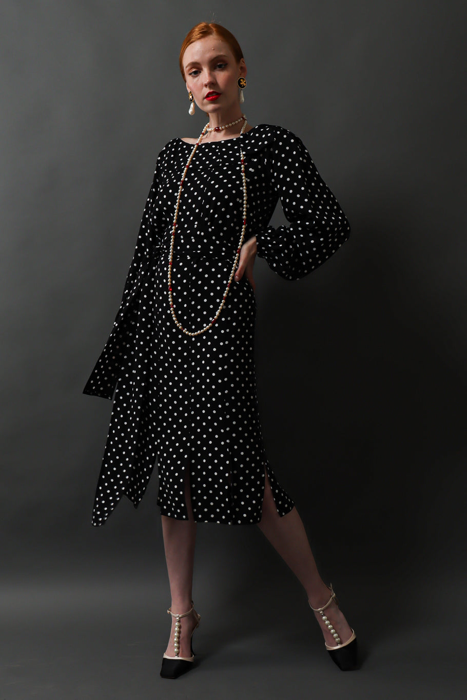 Vintage Saint Laurent 1981 S/S Polka Dot Carwash Pleat Dress on model Emily @ Recess Los Angeles