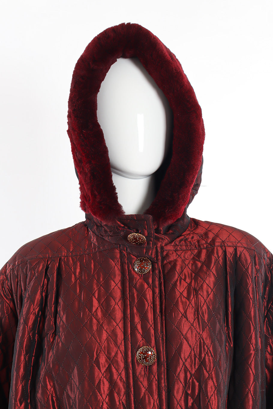 Quilted fur trim coat by Yves Saint Laurent close up hood on mannequin @recessla