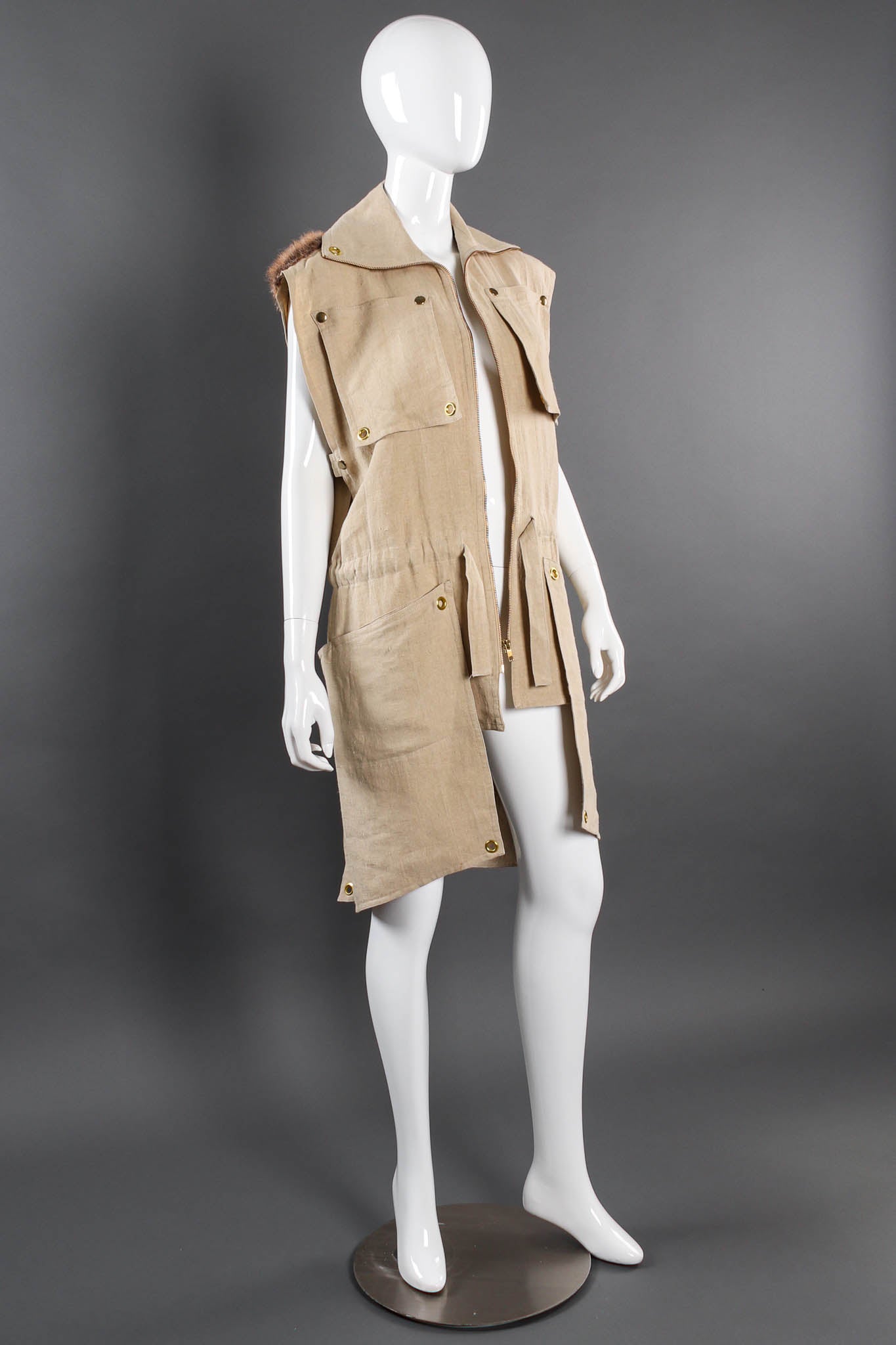 Vintage 1981 Kansai Yamamoto Wolf Duster Linen Vest mannequin angle unzipped @ Recess LA
