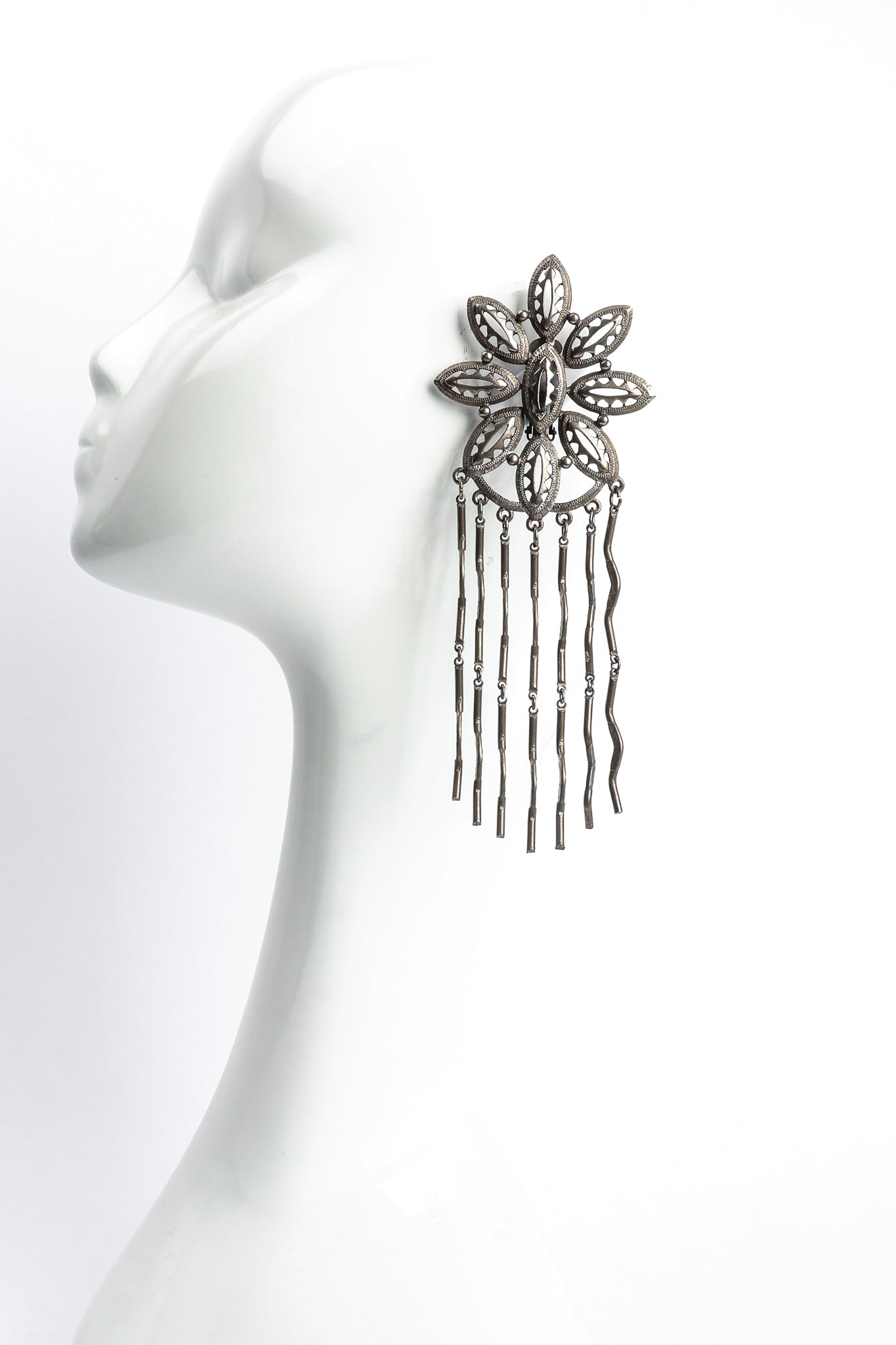Vintage Yohai Oxidized Flower Fringe Earring on Mannequin at Recess Los Angeles
