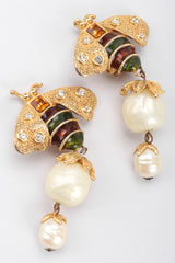 Recess Los Angeles Vintage Yosca Bee Pearl Drop Earrings Yellow Enameled Body Dotted Rhinestone Wings