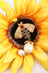 Recess Los Angeles Vintage Yosca Bee Pearl Drop Earrings Yellow Enameled Body Dotted Rhinestone Wings