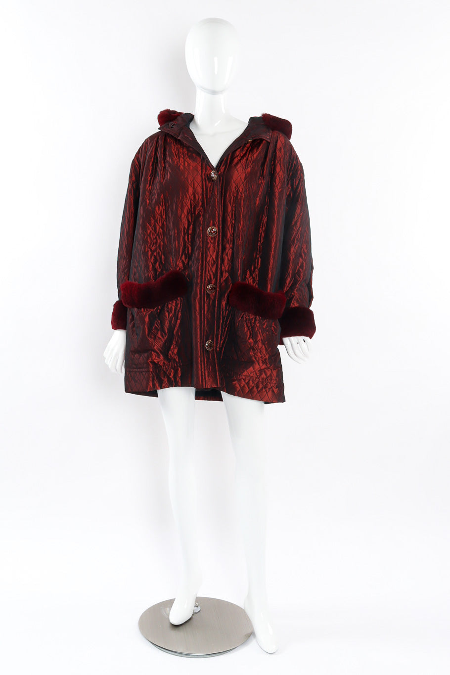 Effervescent quilted burgundy fur lined parka by Yves Saint Laurent long view  @recessla