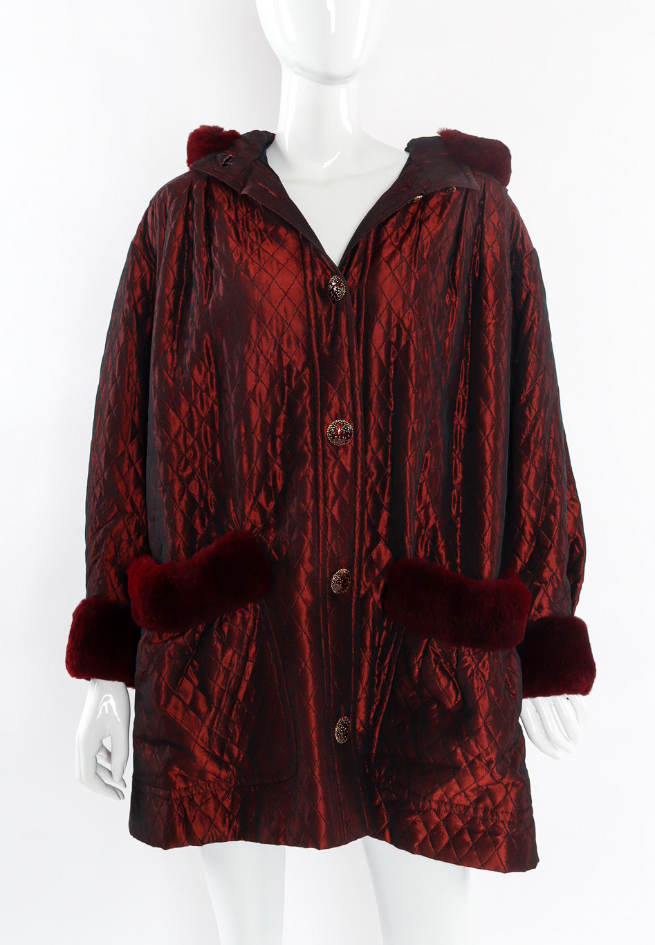 Effervescent quilted burgundy fur lined parka by Yves Saint Laurent front view photo @recessla