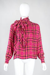 Recess Los Angeles Vintage Yves Saint Laurent YSL Pink Plaid Silk Bow Blouse
