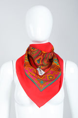 Recess Vintage Yves Saint Laurent YSL Red Arabesque Border Gauze Scarf on Mannequin