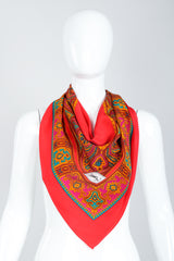 Recess Vintage Yves Saint Laurent YSL Red Arabesque Border Gauze Scarf on Mannequin