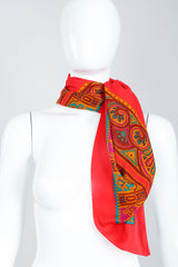 Recess Vintage Yves Saint Laurent YSL Red Arabesque Border Gauze Scarf on Mannequin