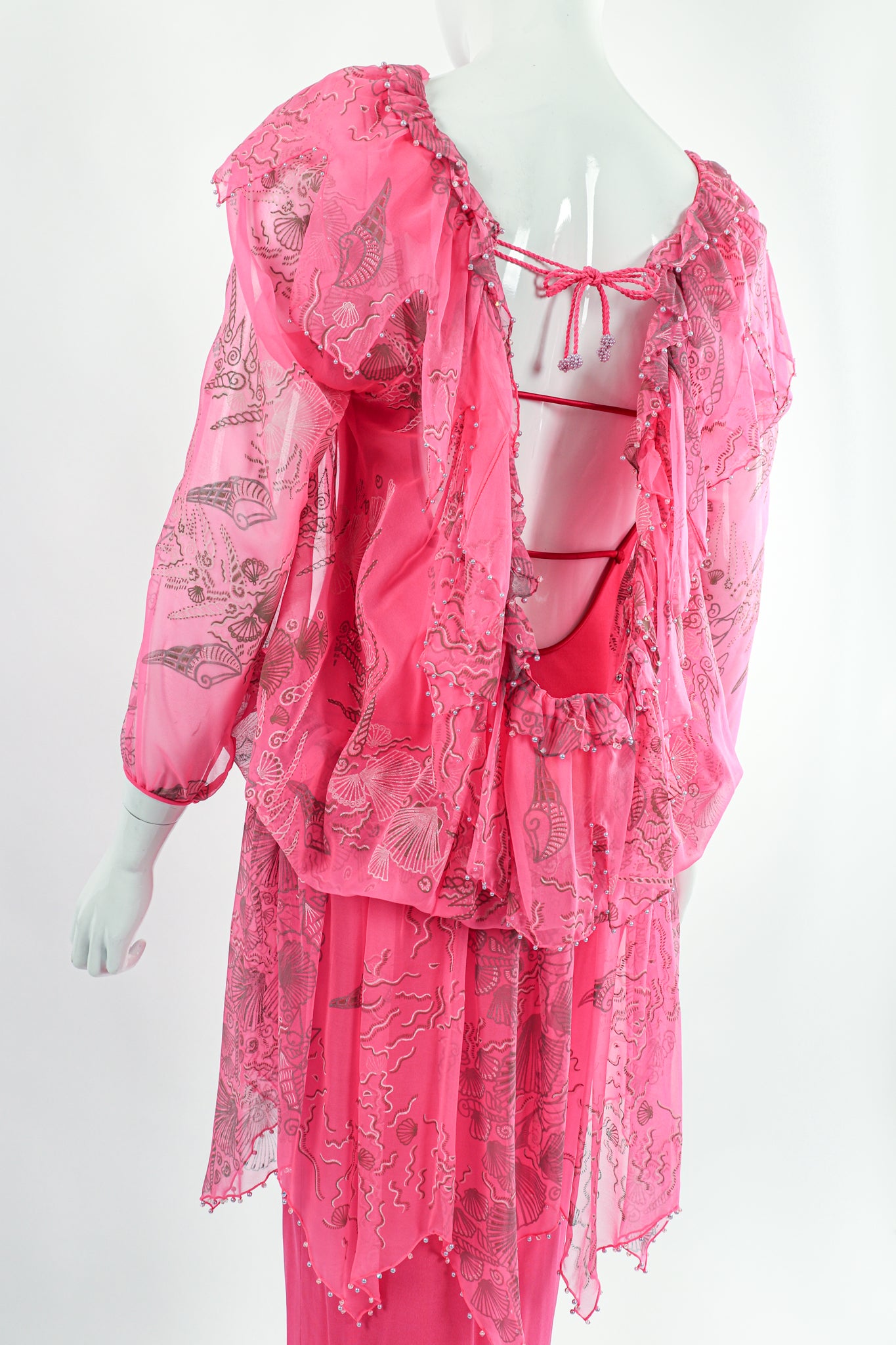 Vintage Zandra Rhodes Painted Seashell Blouson Chiffon Dress on Mannequin Back Angle at Recess LA
