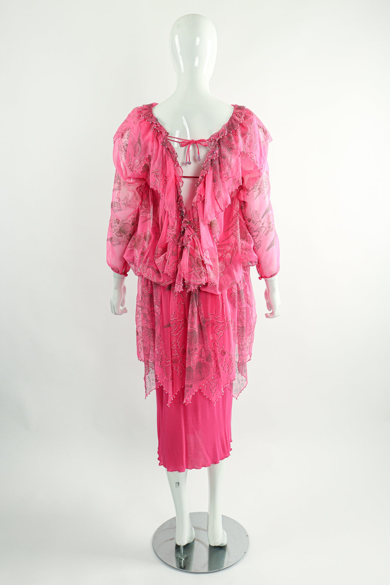 Vintage Zandra Rhodes Painted Seashell Blouson Chiffon Dress on Mannequin Back at Recess LA