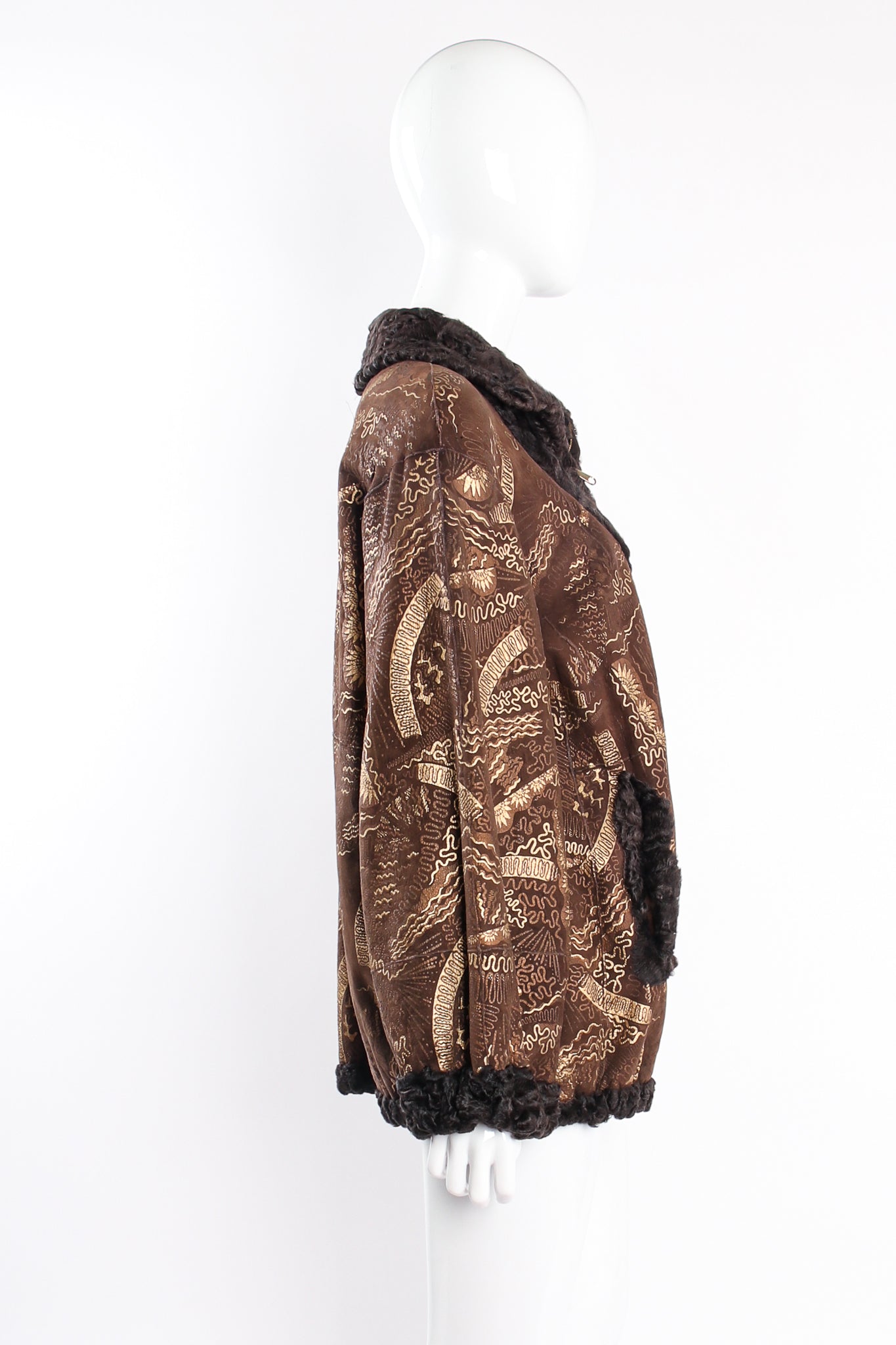 Vintage Zandra Rhodes Reversible Foiled Suede Lamb Fur Jacket on mannequin side at Recess LA