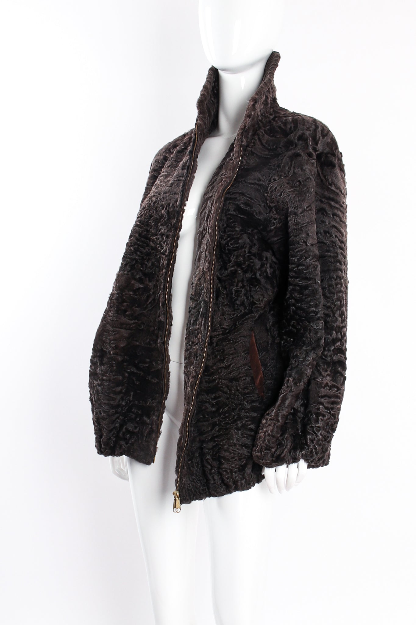 Vintage Zandra Rhodes Reversible Foiled Suede Lamb Fur Jacket on mannequin reverse at Recess LA