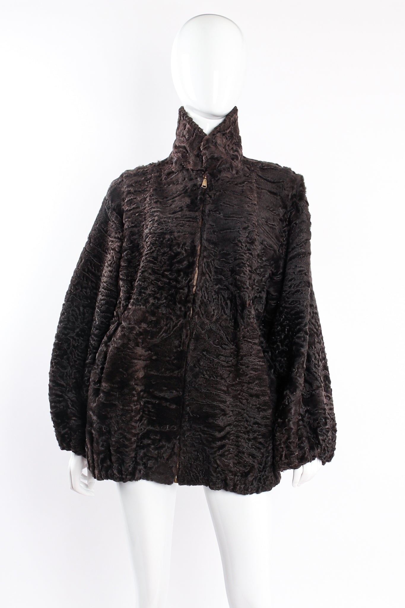Vintage Zandra Rhodes Foiled Suede Lamb Fur Jacket on mannequin reserve front @ Recess LA