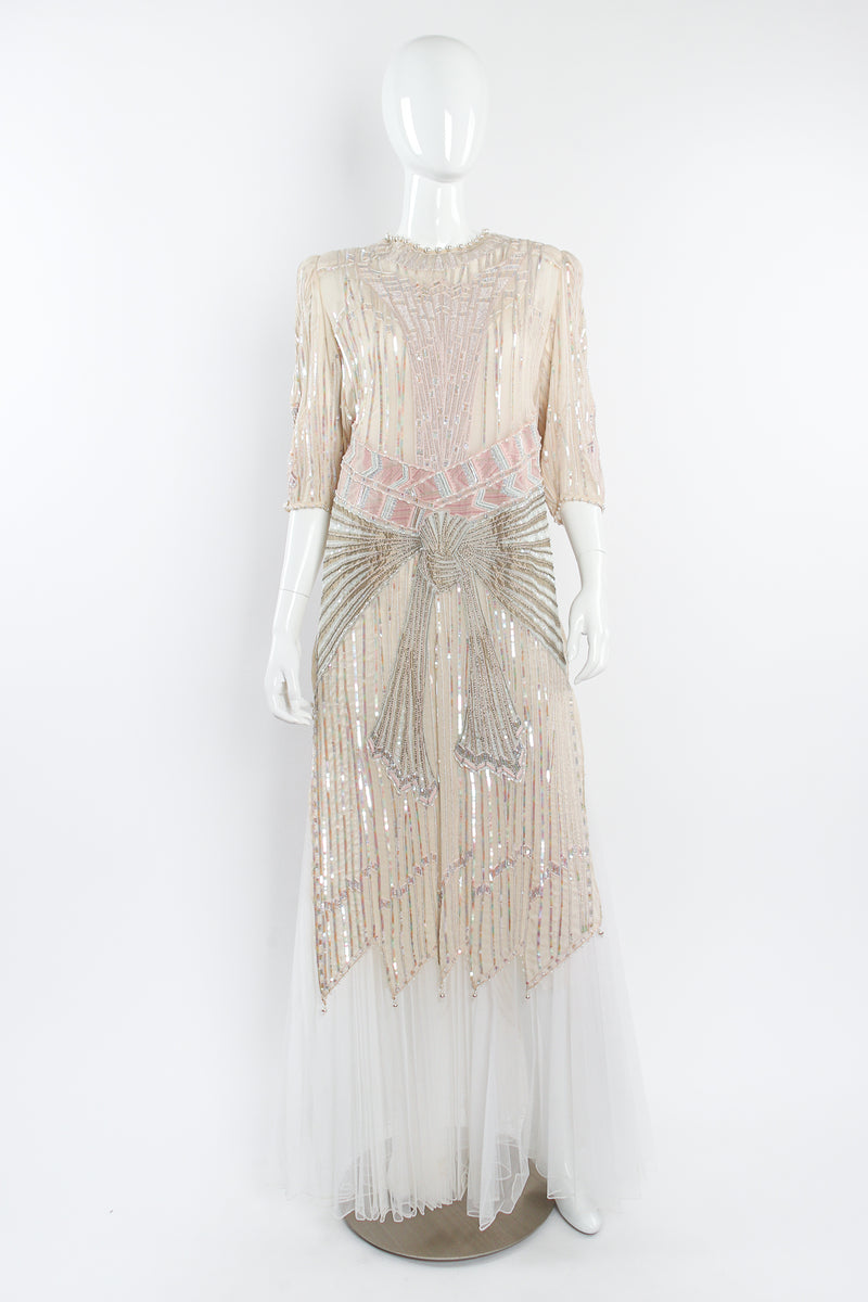 Vintage Zandra Rhodes Deco Beaded Cowl Back Gown on Mannequin front at Recess Los Angeles