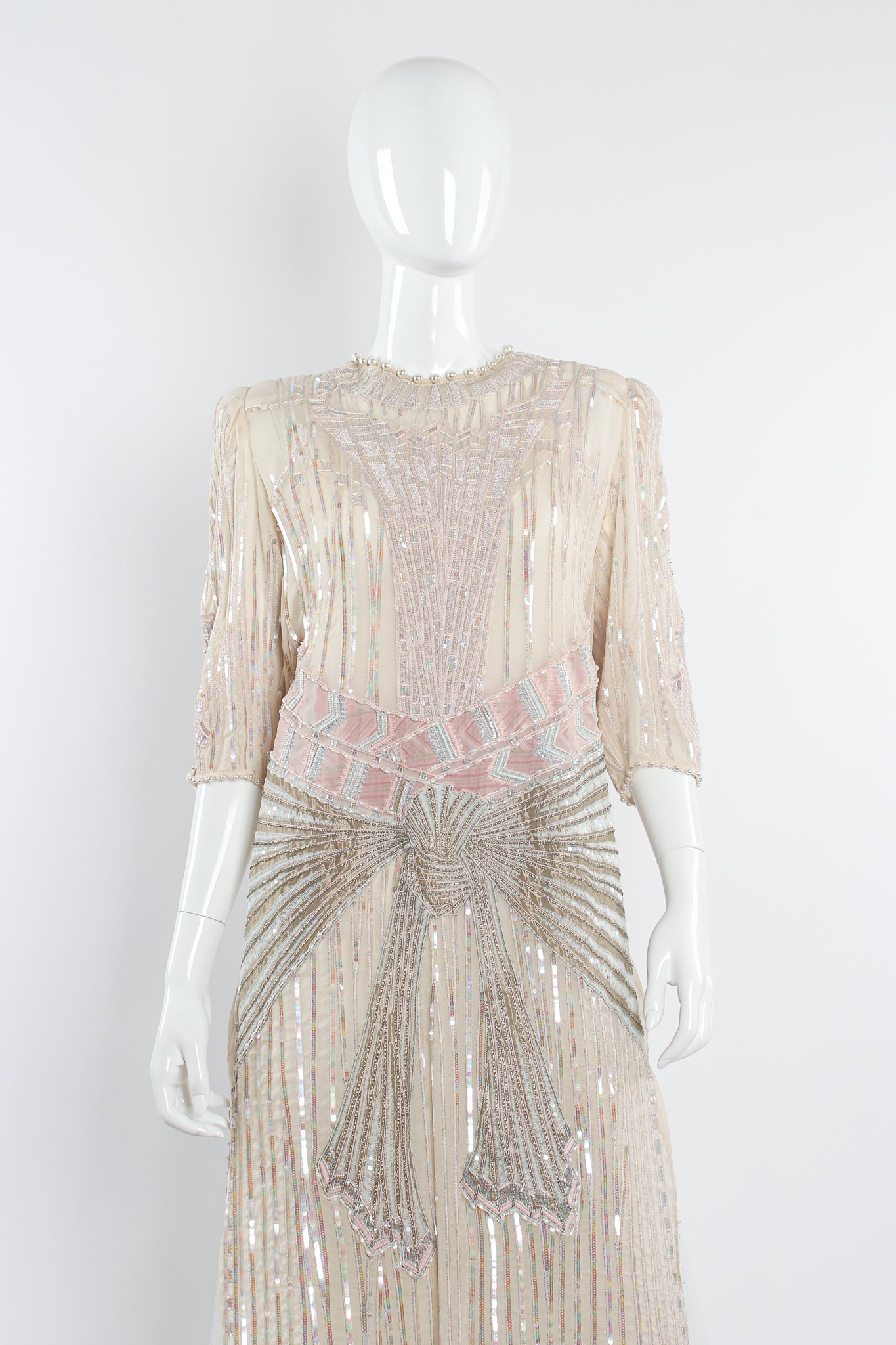 Vintage Zandra Rhodes Deco Beaded Cowl Back Gown on Mannequin front crop at Recess Los Angeles