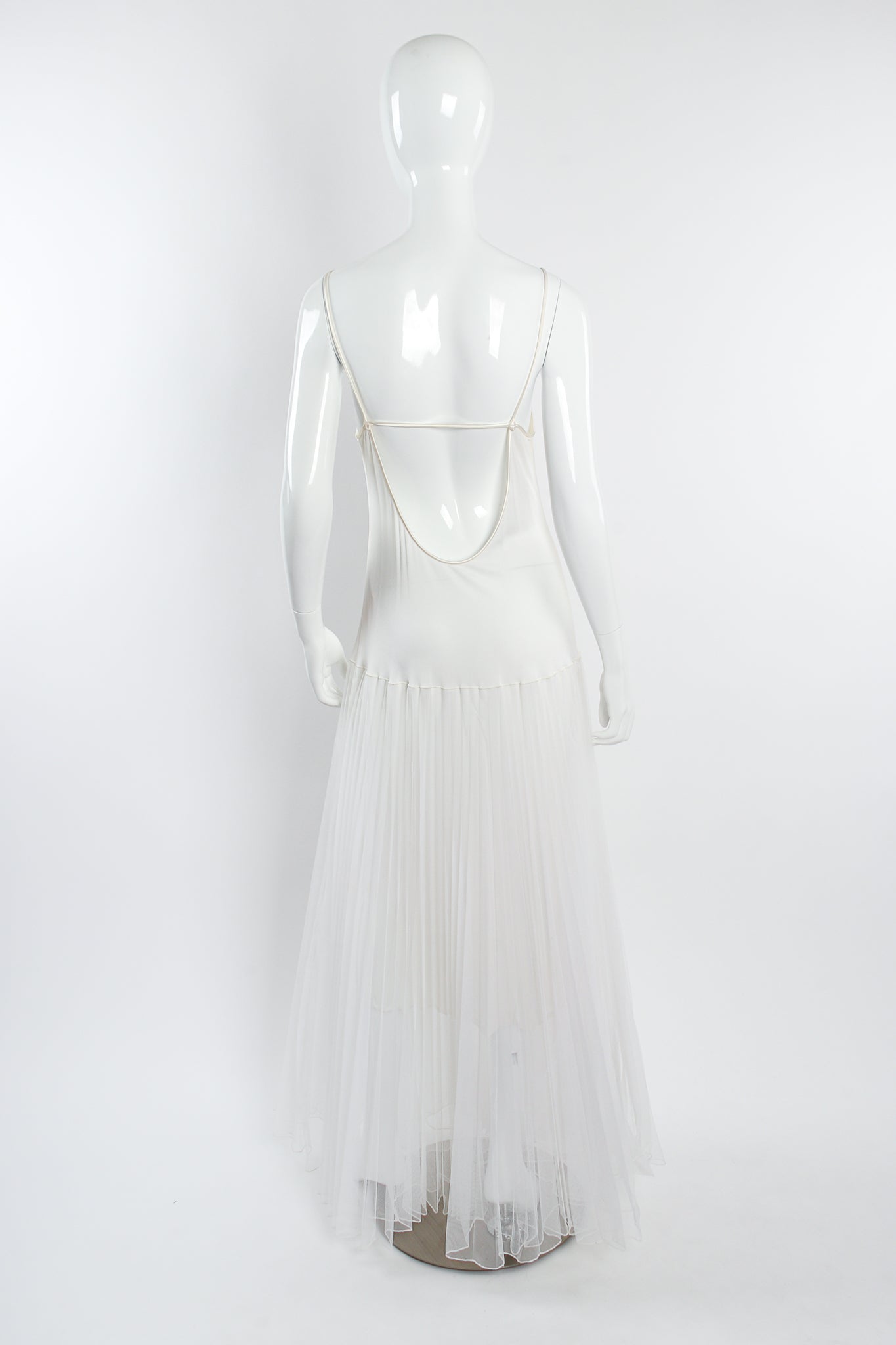 Vintage Zandra Rhodes Deco Beaded Cowl Back Gown on Mannequin slip back at Recess Los Angeles