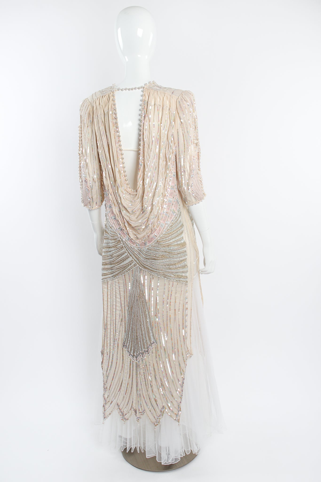 Vintage Zandra Rhodes Deco Beaded Cowl Back Gown on Mannequin back at Recess Los Angeles