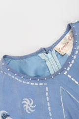 Recess Los Angeles Vintage Rare Zandra Rhodes Sky Blue Pinwheel Painted Chiffon Tassel Dress