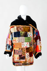 Vintage Zuzka Velvet Patchwork Shawl Collar Wrap Coat on Mannequin front, at Recess Los Angeles