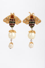 Recess Los Angeles Vintage Yosca Bee Pearl Drop Earrings Yellow Enameled Body Dotted Rhinestone Wings