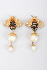 Recess Los Angeles Vintage Yosca Bee Pearl Drop Earrings Yellow Enameled Body Dotted Rhinestone Wings