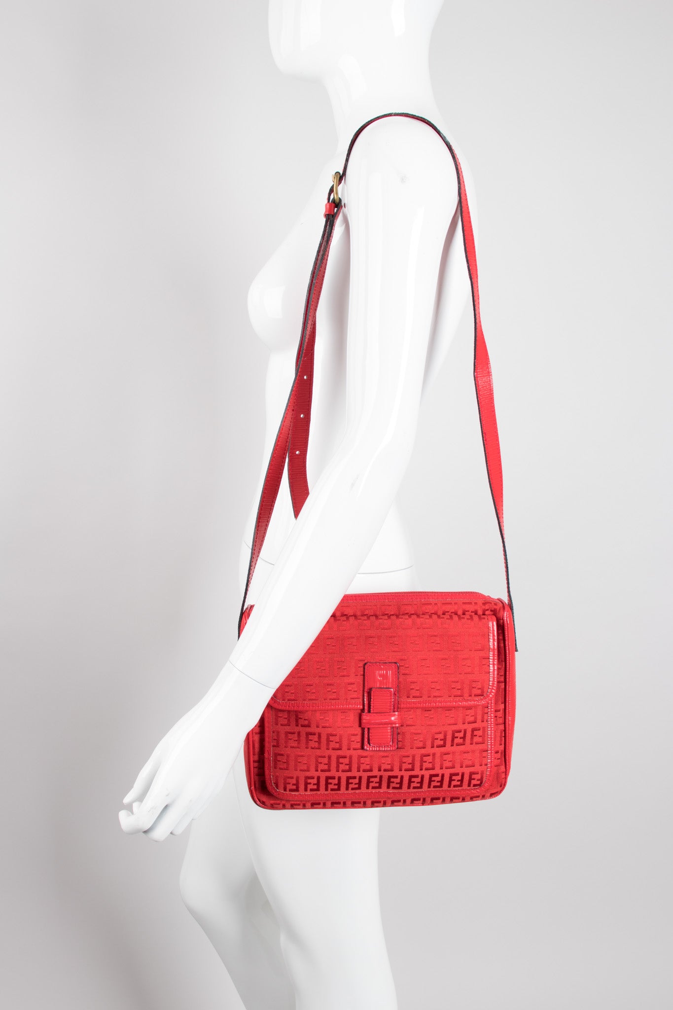 Fendi Vintage Red Monogram Canvas Crossbody Shoulder Bag
