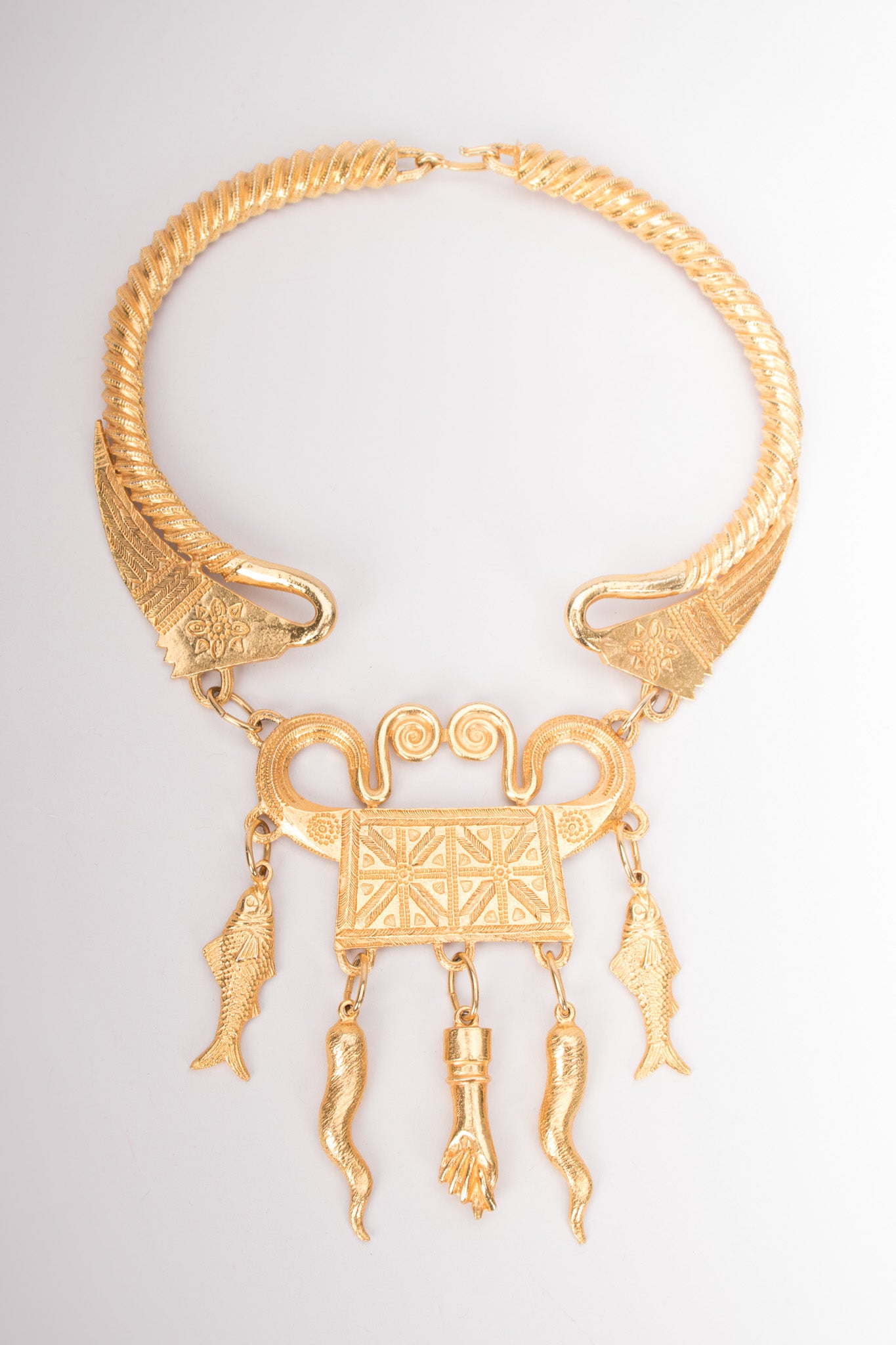 Alexis Kirk Etruscan Revival Amulet Mano Fico Cornetto Fish Collar Necklace