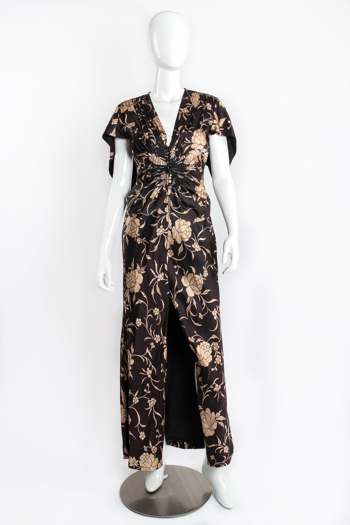 Vintage John Galliano Floral Satin Smocked Waist Dress on Mannequin front at Recess Los Angeles