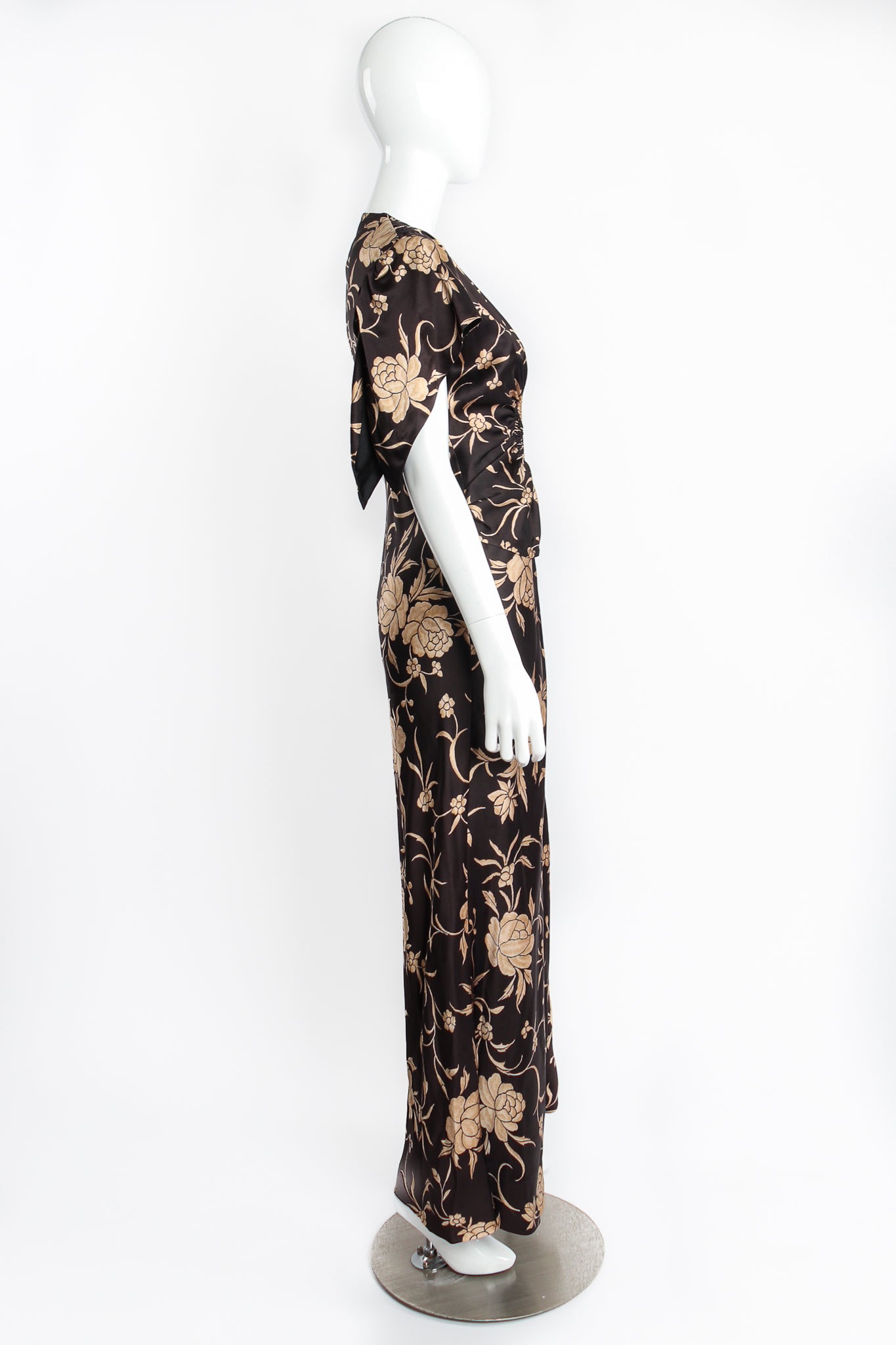 Vintage John Galliano Floral Satin Smocked Waist Dress on Mannequin side at Recess Los Angeles