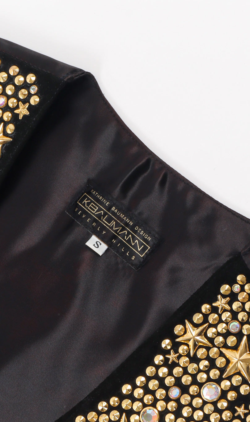 Leather vest with eclectic star and opalescent studs by K. Baumann label @recessla