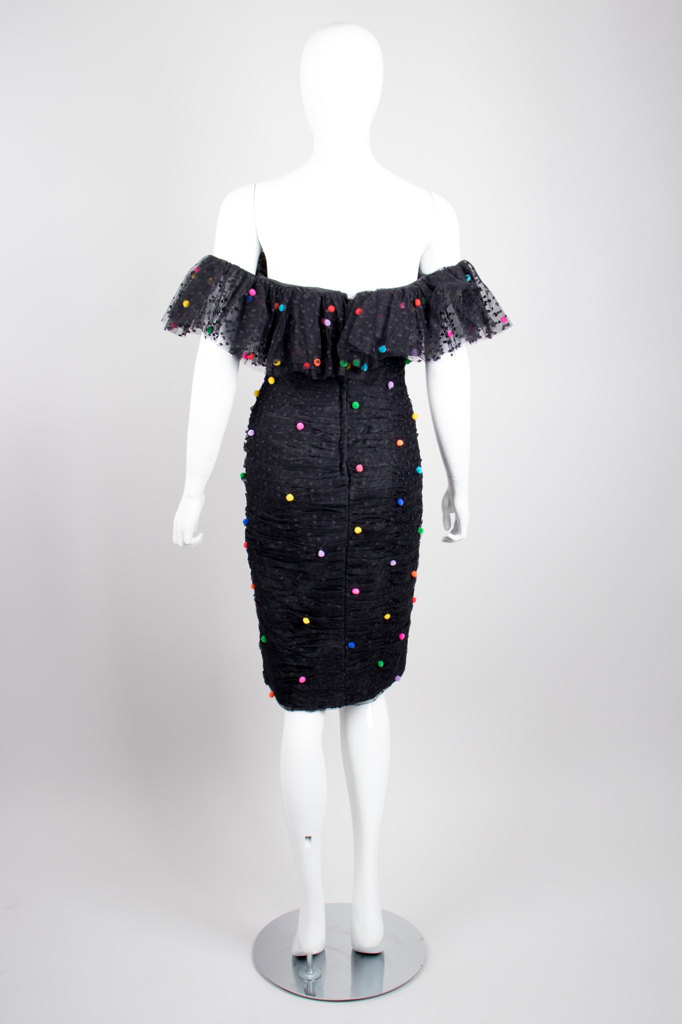 Victor Costa Vintage Mesh Ruched Rainbow Pom Pom Prom Dress