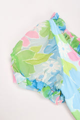 Recess Los Angeles Vintage Neon Blue Floral Chiffon Wide Leg Jumpsuit