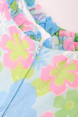 Recess Los Angeles Vintage Neon Blue Floral Chiffon Wide Leg Jumpsuit