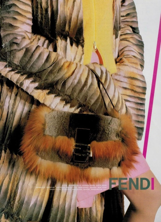 Vintage Fendi Beaver Fur Marbled Baguette marbled fur bag in 2000s ad