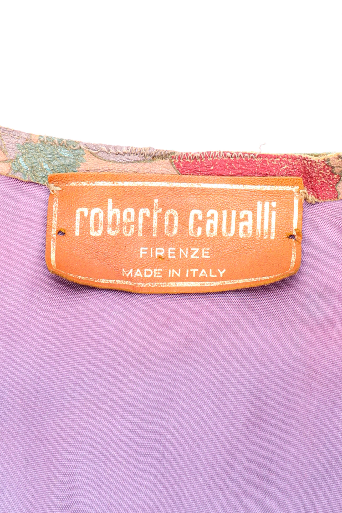 Vintage Roberto Cavalli Floral Denim and Leather Fringe Jacket signature label closeup @recessla