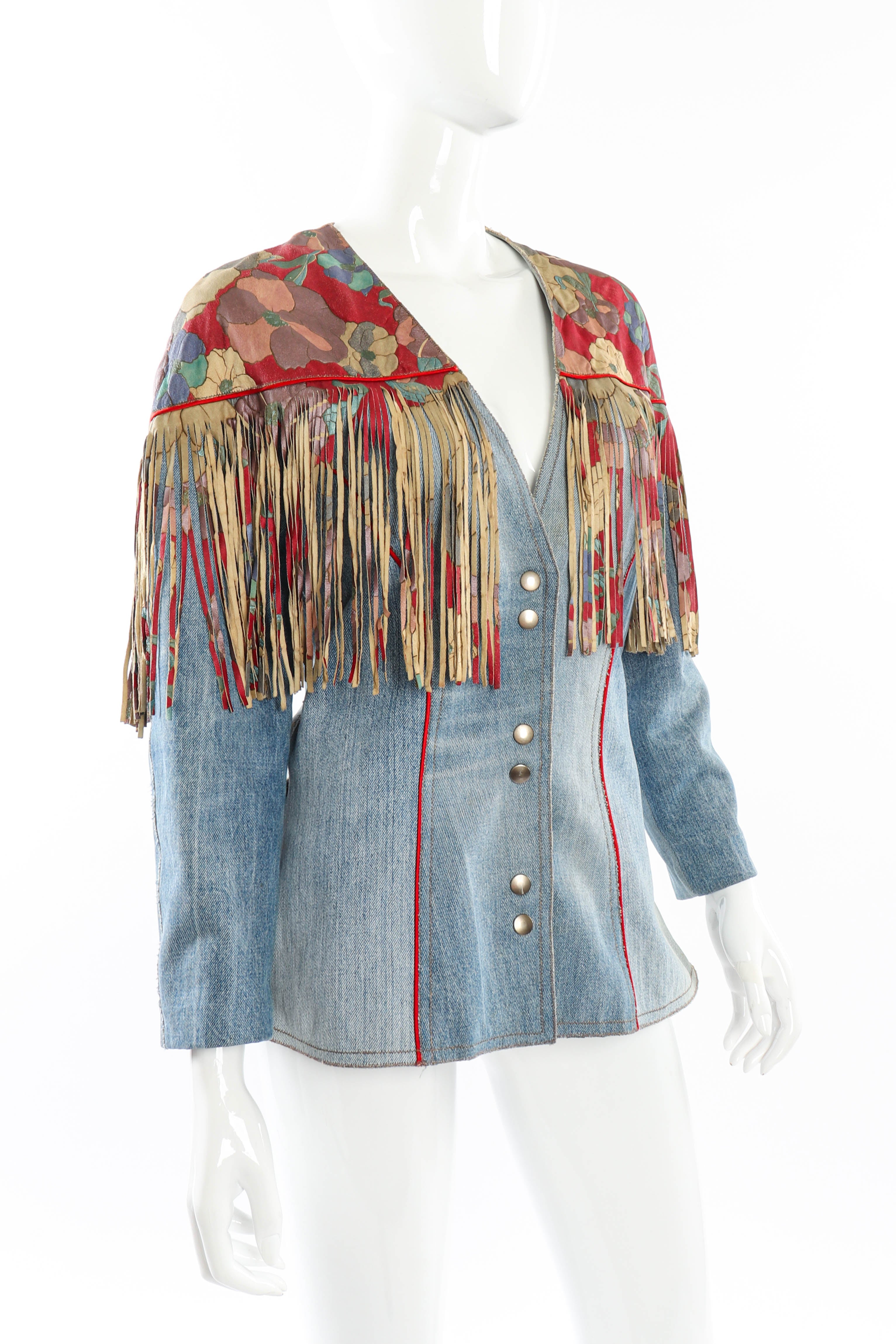 Vintage Roberto Cavalli Floral Denim and Leather Fringe Jacket 3/4 front on mannequin @recessla