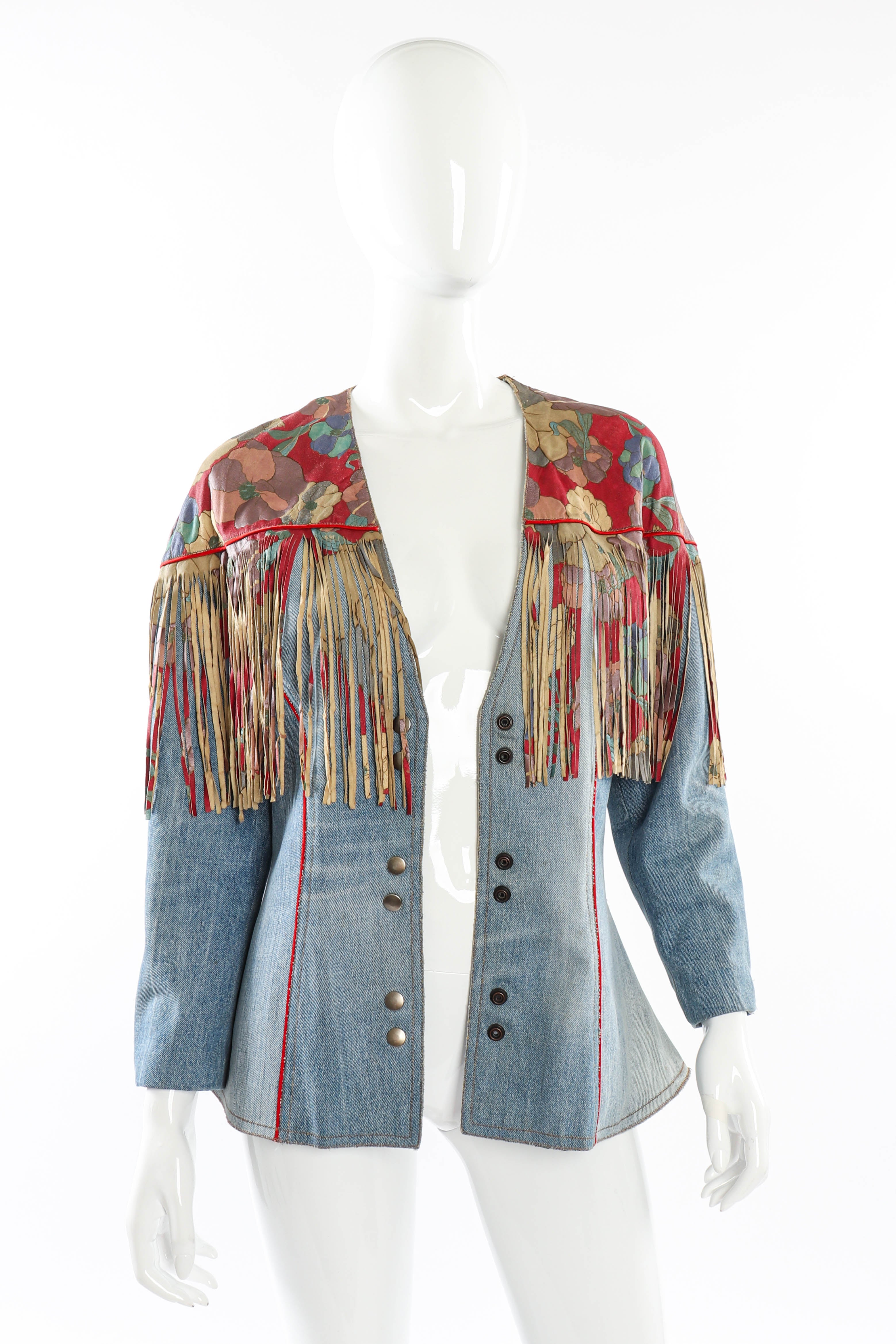 Vintage Roberto Cavalli Floral Denim and Leather Fringe Jacket open front on mannequin @recessla