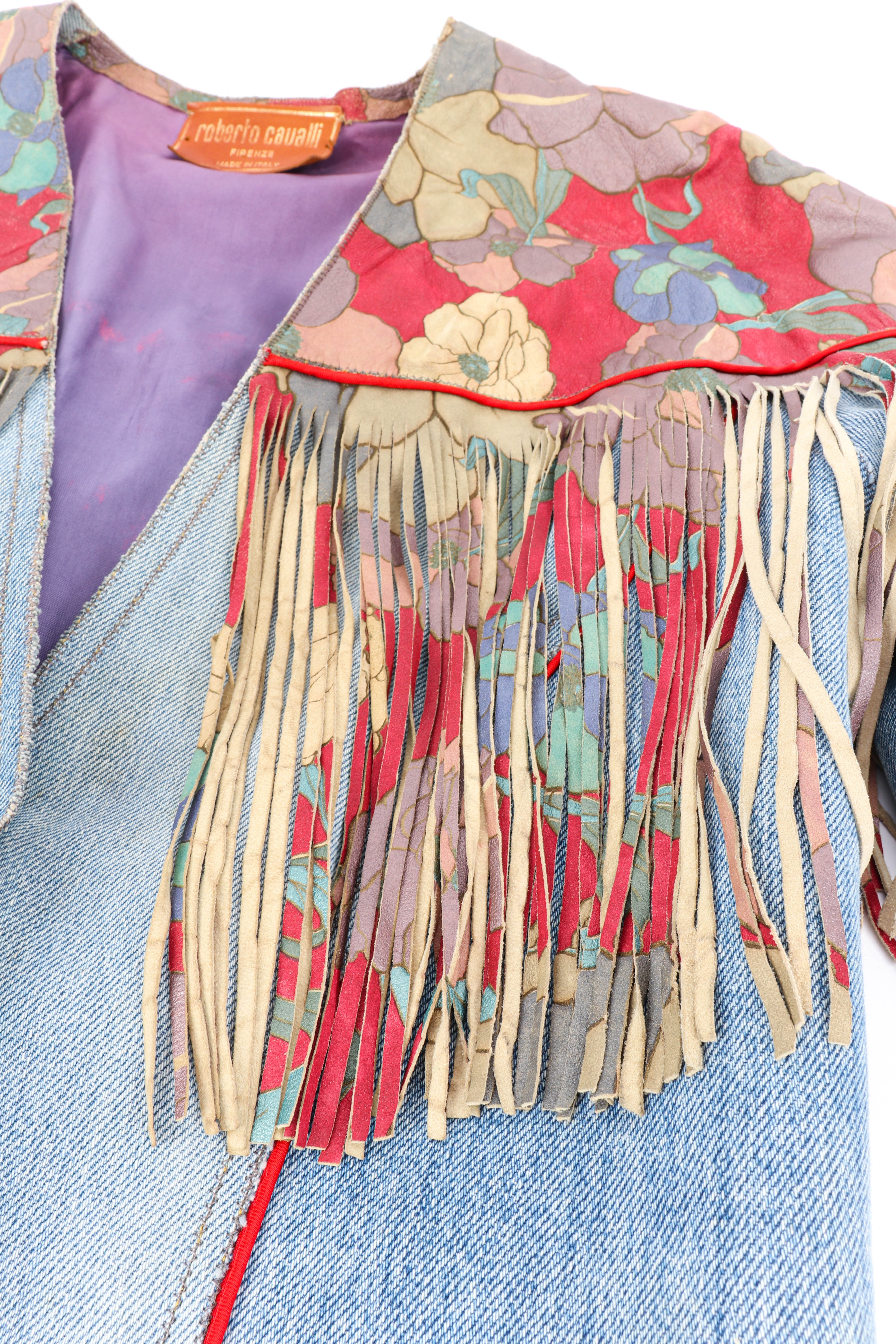 Vintage Roberto Cavalli Floral Denim and Leather Fringe Jacket fringe closeup @recessla