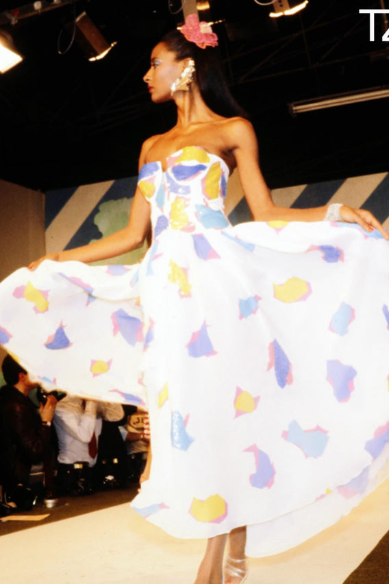Vintage Chloe Abstract Geometric Culottes & Blouse Set print in different color on dress on model on 1982 runway