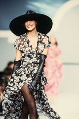Vintage Chanel Camellia Logo Print Silk Tank Top on model on 1989 runway 