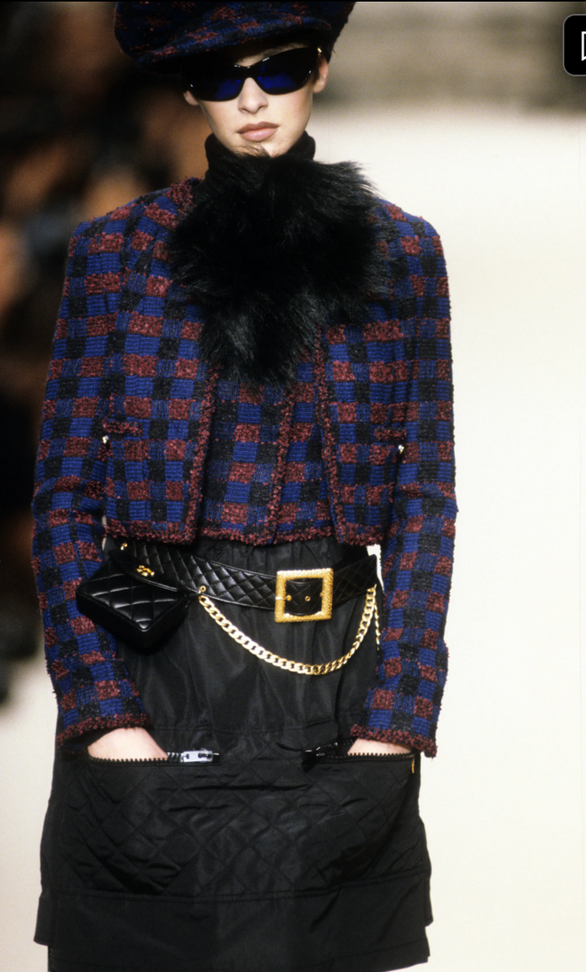 Vintage Chanel Quilted Silk Utility Skirt on model close on 1994 runway